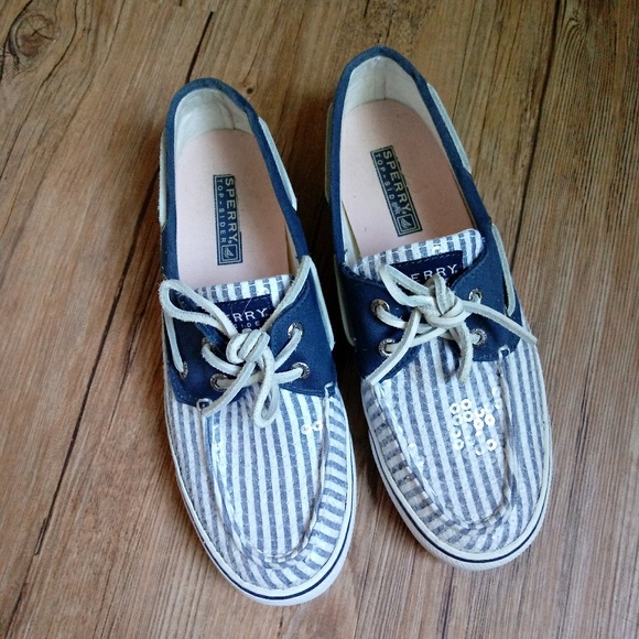 blue and white striped sperrys